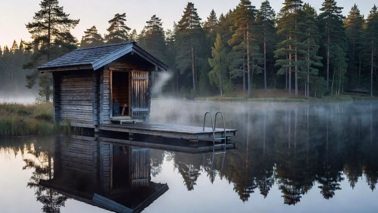 A classic lakeside Finnish sauna with a wooden jetty and morning mist over the water