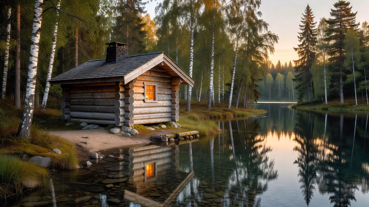 A hand-hewn timber Finnish log sauna cabin beside a calm lake at golden hour