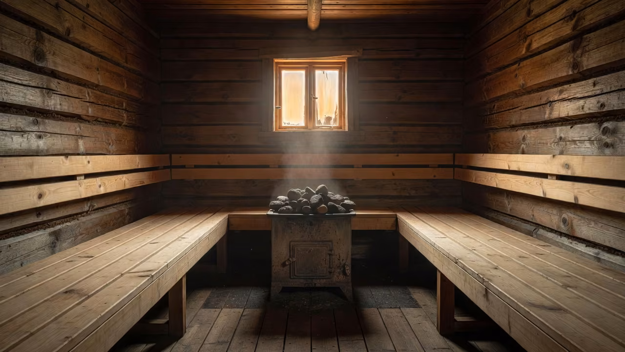 The warm interior of a traditional wooden Finnish sauna with a stone stove and steam
