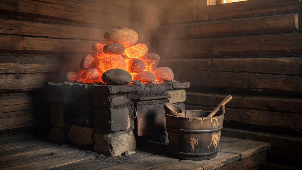 A savusauna smoke sauna interior lit in warm amber light with a pile of heated rocks