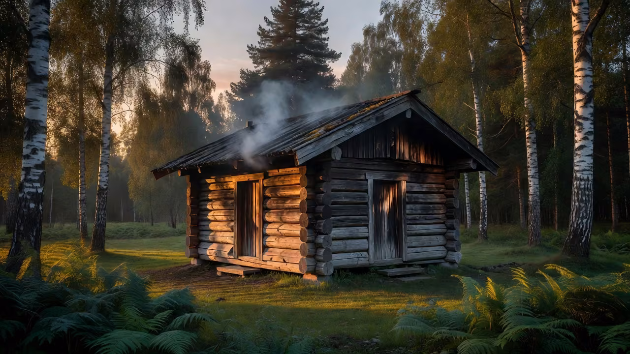 An old Finnish smoke sauna cabin with smoke curling from its roof at dusk in a forest clearing